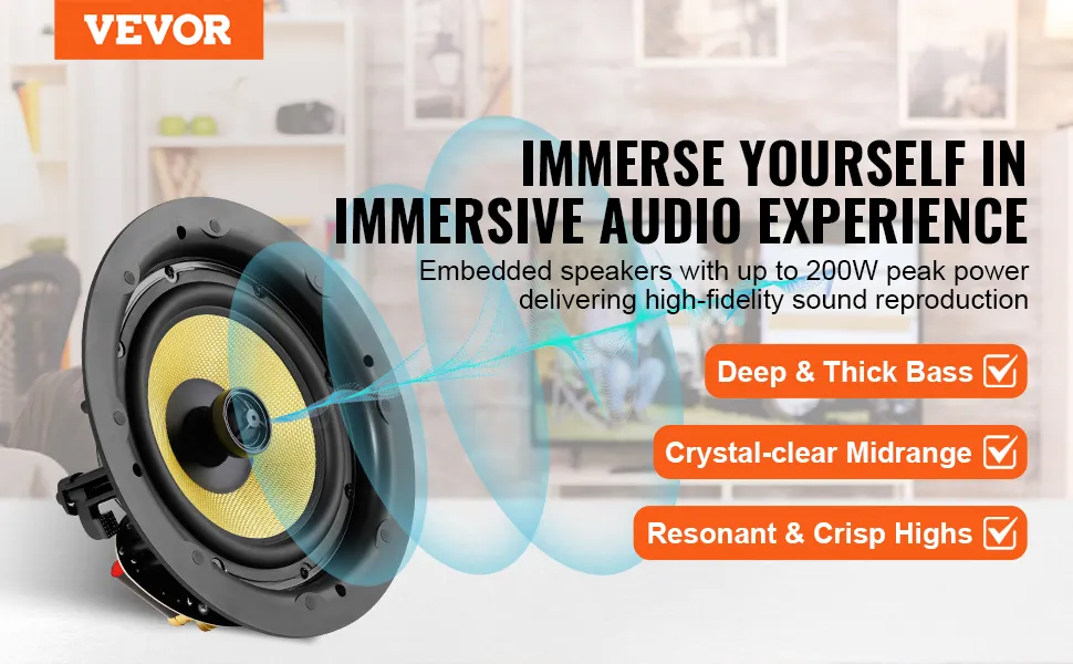 VEVOR-Deckenlautsprecher mit 200 W Spitzenleistung für tiefe Bässe, klare Mitten und knackige Höhen.