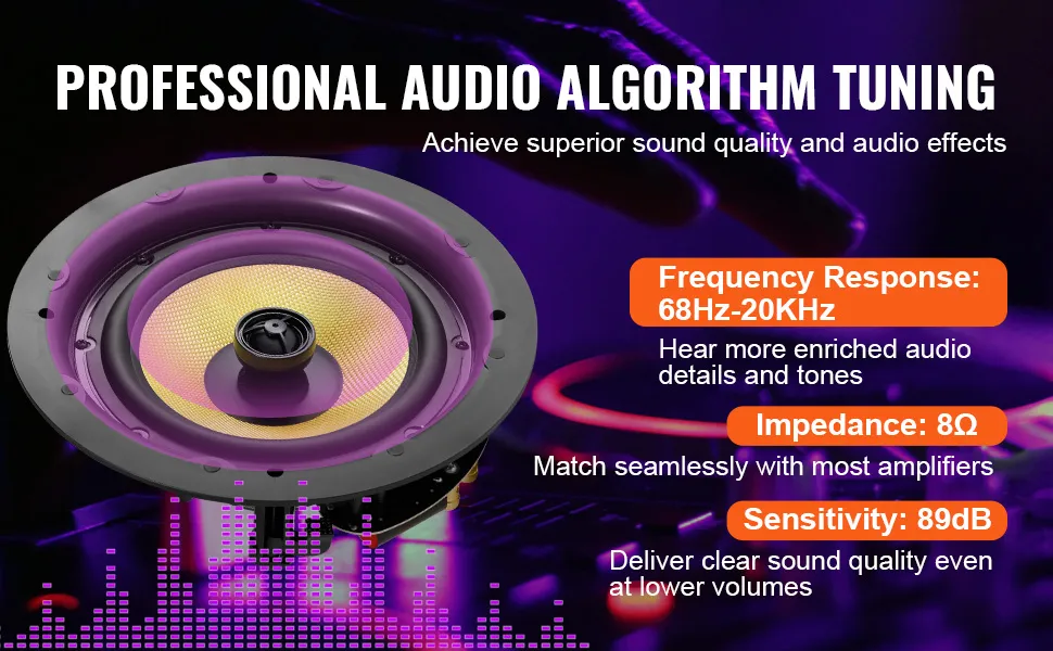VEVOR-Deckenlautsprecher mit Frequenzgang von 68 Hz – 20 kHz, 8ω Impedanz und 89 dB Empfindlichkeit für überragenden Klang.