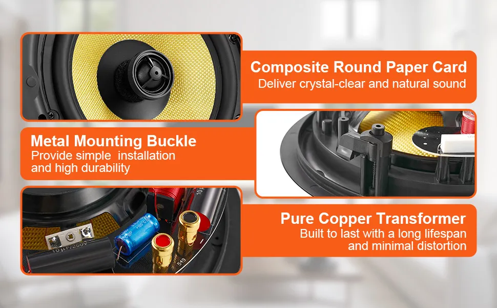 VEVOR-Deckenlautsprecher mit zusammengesetzter runder Papierkarte, Metall-Montageschnalle und Transformator aus reinem Kupfer.