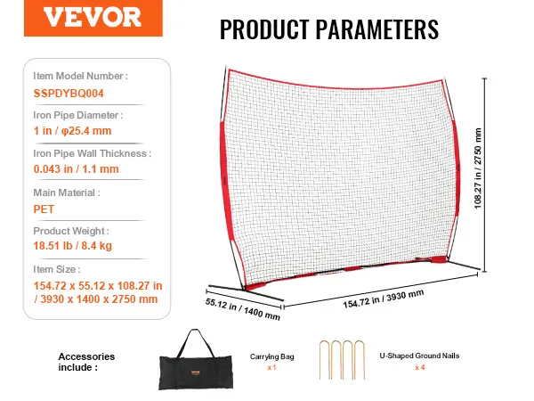 VEVOR-barrièrenet met afmetingen, accessoiretas en grondnagels worden getoond.