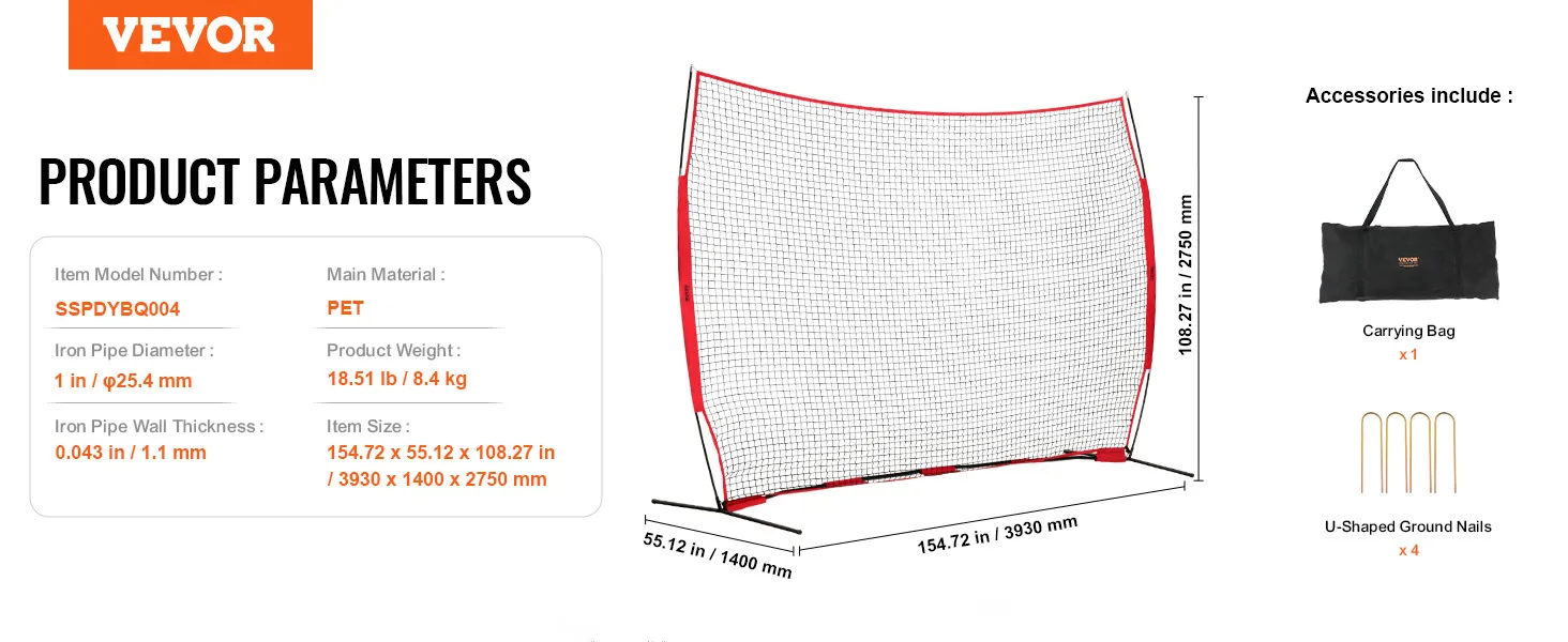 VEVOR-barrièrenet met afmetingen, accessoiretas en grondnagels worden getoond.