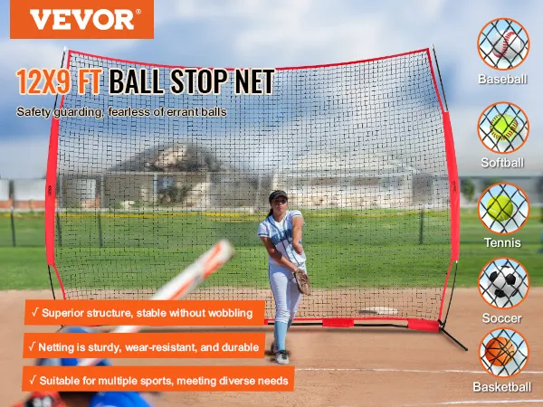 VEVOR-barrièrenet, 3,75 x 2,75 m, ideaal voor honkbal, softbal, voetbal, tennis en basketbal.