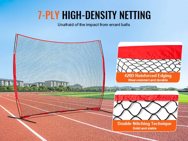 VEVOR-barrièrenet op een looprail met 420d versterkte randen en dubbele stiktechniek.