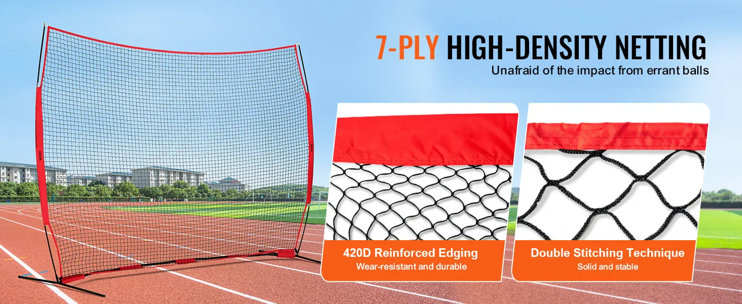 VEVOR-barrièrenet op een looprail met 420d versterkte randen en dubbele stiktechniek.