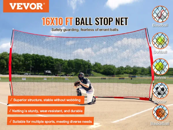 Siatka ochronna VEVOR do baseballu, softballu, tenisa, piłki nożnej i koszykówki. Siatka zatrzymująca piłki o wymiarach 16 x 10 stóp.