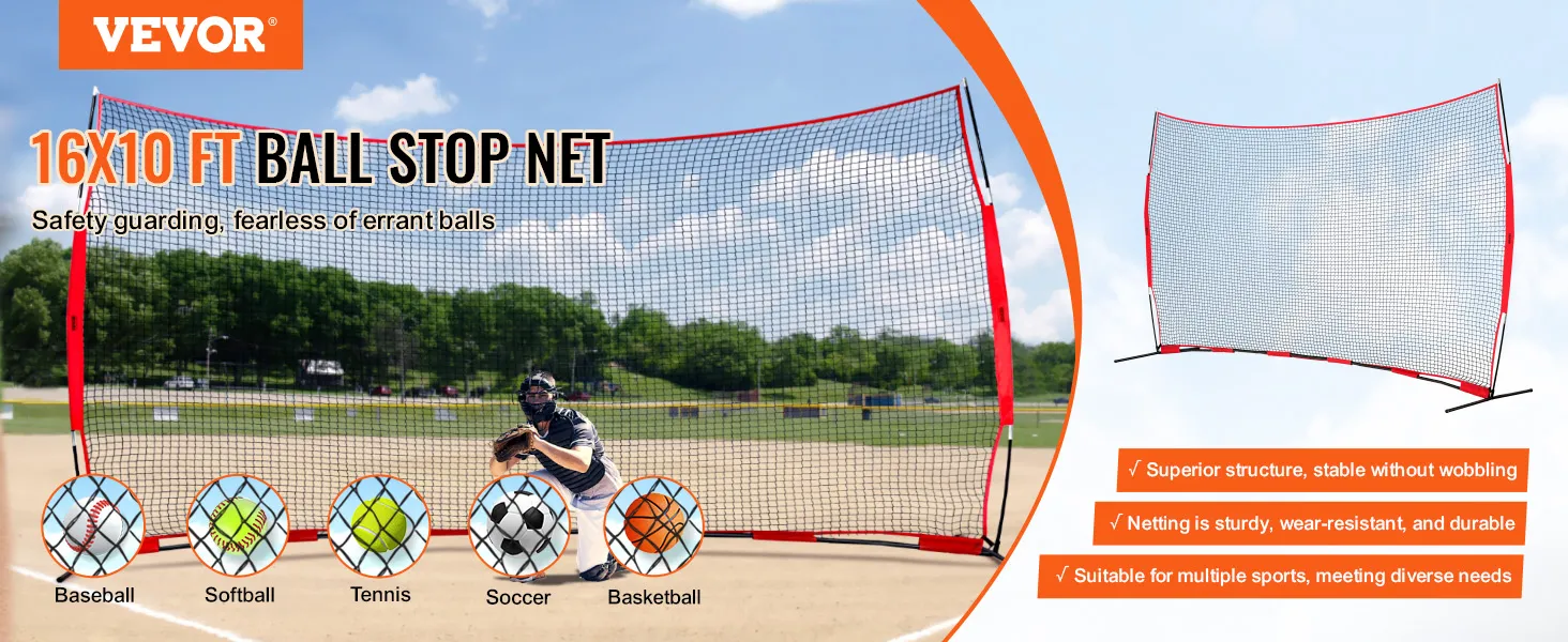 Siatka ochronna VEVOR do baseballu, softballu, tenisa, piłki nożnej i koszykówki. Siatka zatrzymująca piłki o wymiarach 16 x 10 stóp.