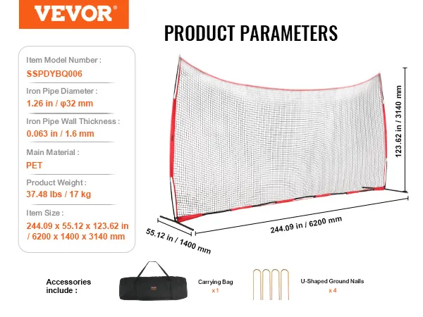 VEVOR Pfeilfangnetz, 6200 x 1400 x 3140 mm Haustiermaterial, inkl. Tragetasche und Bodennägeln.