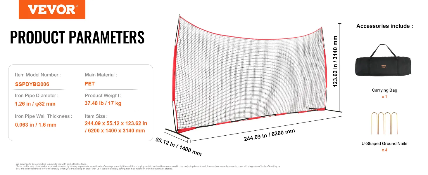 VEVOR Pfeilfangnetz, 6200 x 1400 x 3140 mm Haustiermaterial, inkl. Tragetasche und Bodennägeln.