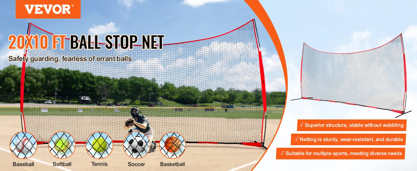 VEVOR-Backstop-Netz: 20 x 10 Fuß, langlebig und verschleißfest, ideal für Baseball, Softball, Tennis, Fußball, Basketball.