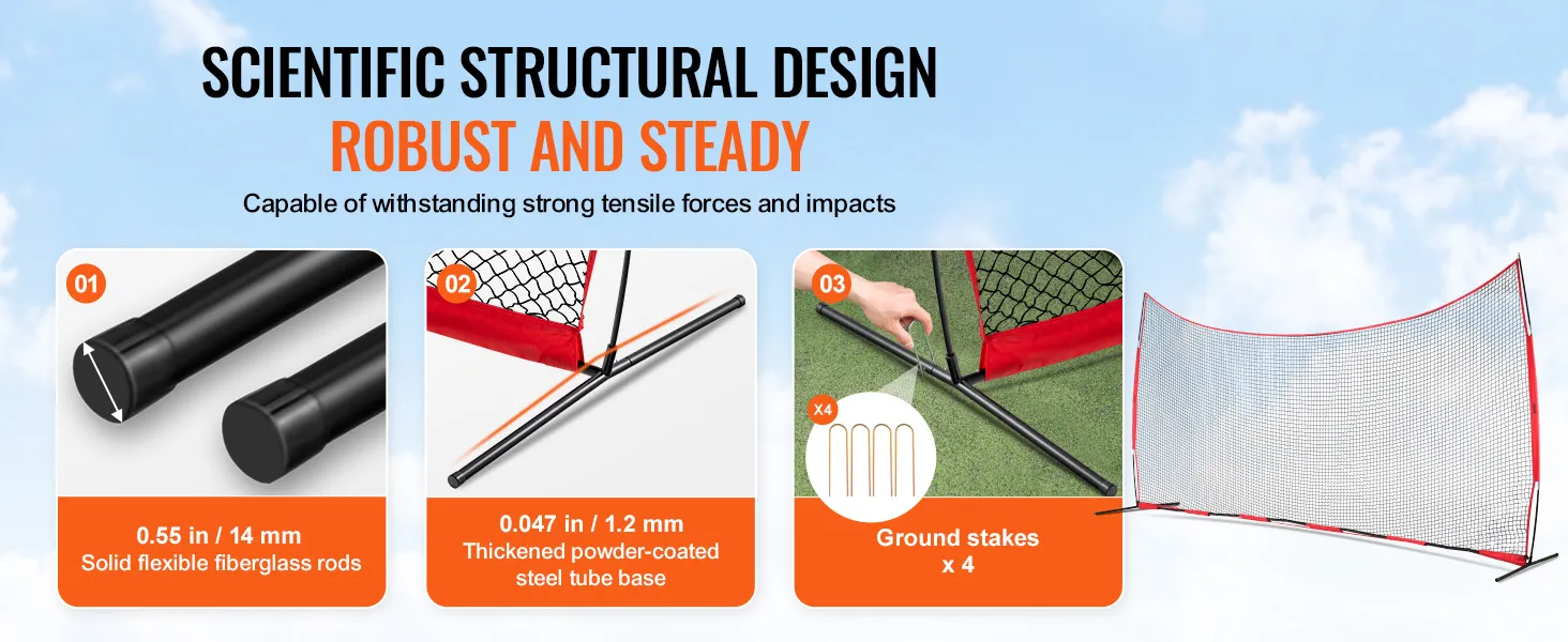 Wissenschaftliches Strukturdesign des VEVOR-Backstop-Netzes mit flexiblen Fiberglasstangen, Stahlrohrbasis und Bodenpfählen.