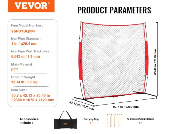 VEVOR backstop net, 111.42x42.13x83.46 in, pet material, includes carrying bag and ground nails.