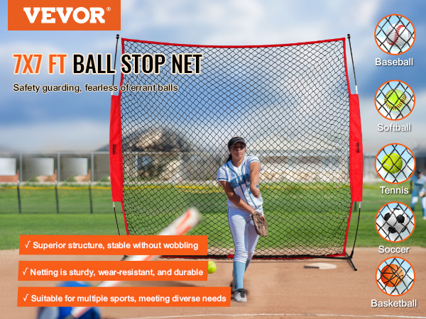 VEVOR Barricade Backstop Net, 7x7 ft Ball Sports Barrier