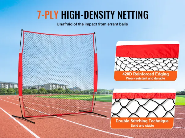 VEVOR backstop net on a track field with 7-ply high-density netting and reinforced edging for durability.
