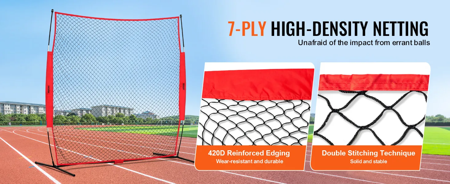 VEVOR backstop net on a track field with 7-ply high-density netting and reinforced edging for durability.