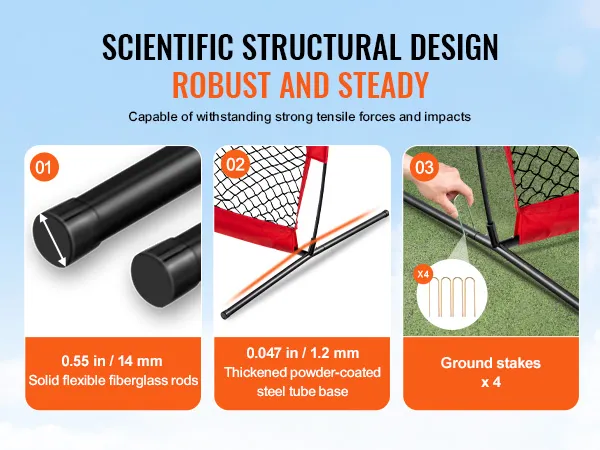 scientific structural design of VEVOR backstop net with fiberglass rods, steel base, and ground stakes.