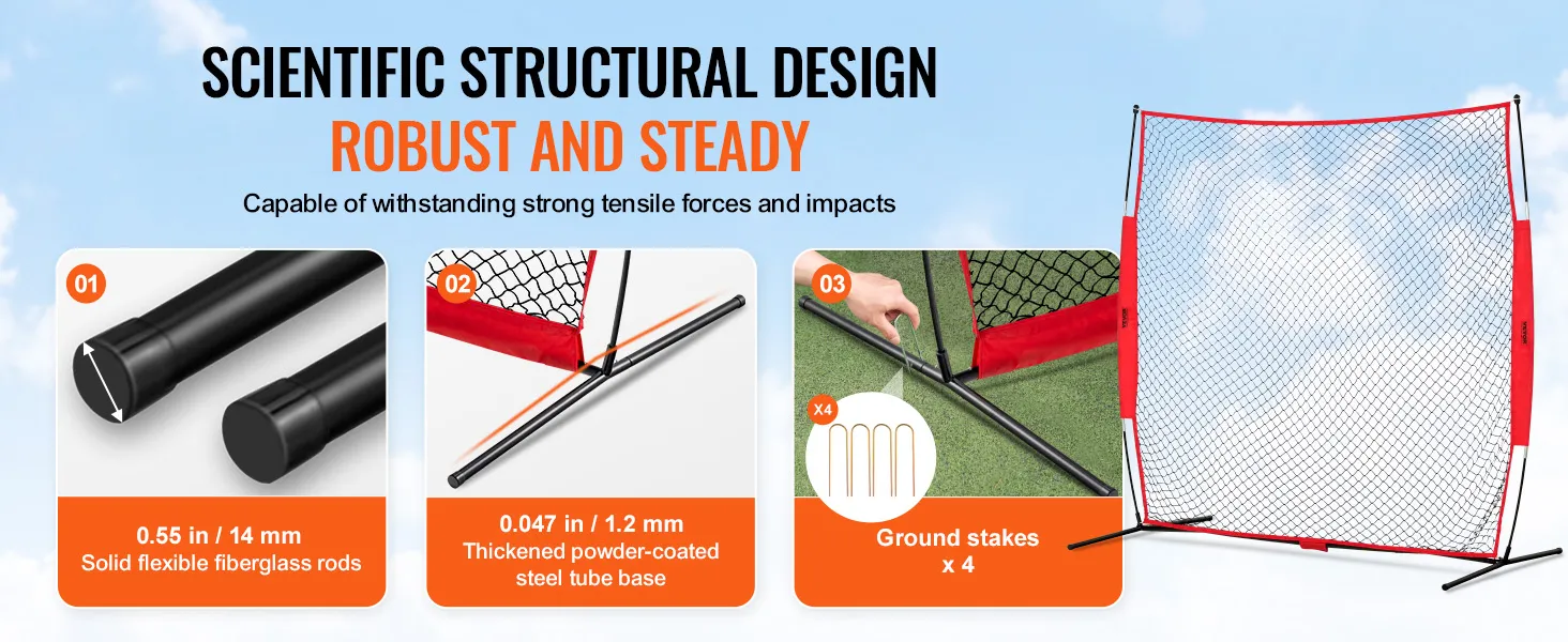 scientific structural design of VEVOR backstop net with fiberglass rods, steel base, and ground stakes.