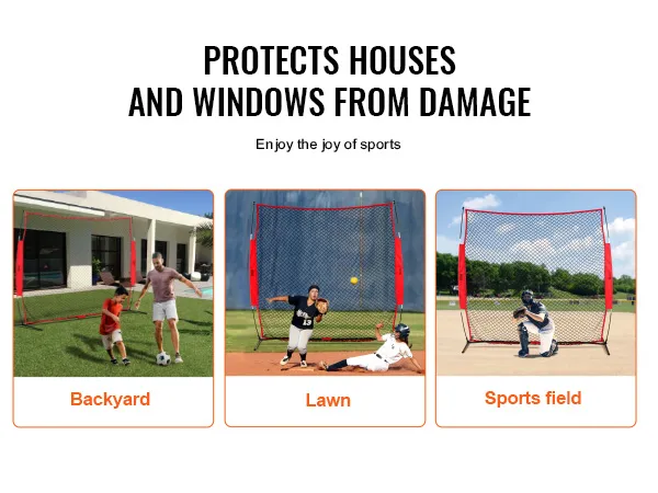 VEVOR backstop net for backyard, lawn, and sports field, protecting houses and windows from damage.