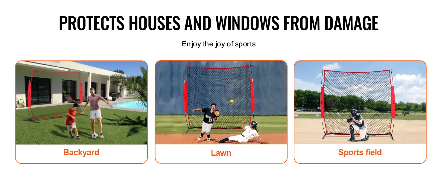 VEVOR backstop net for backyard, lawn, and sports field, protecting houses and windows from damage.