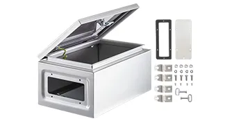 Caja eléctrica VEVOR nema de acero inoxidable con tapa abierta y accesorios de montaje.
