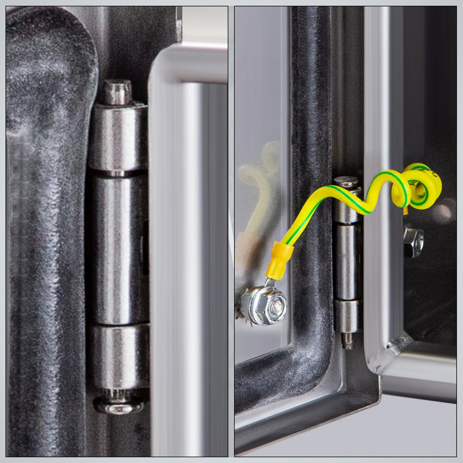 Detalle de bisagra y cable de conexión a tierra de caja eléctrica de acero inoxidable NEMA VEVOR.