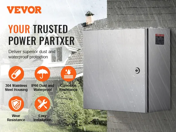 Contenitore in acciaio inossidabile Nema VEVOR, 12"x12"x8", IP65 resistente alle intemperie contro lo sfondo della casa.