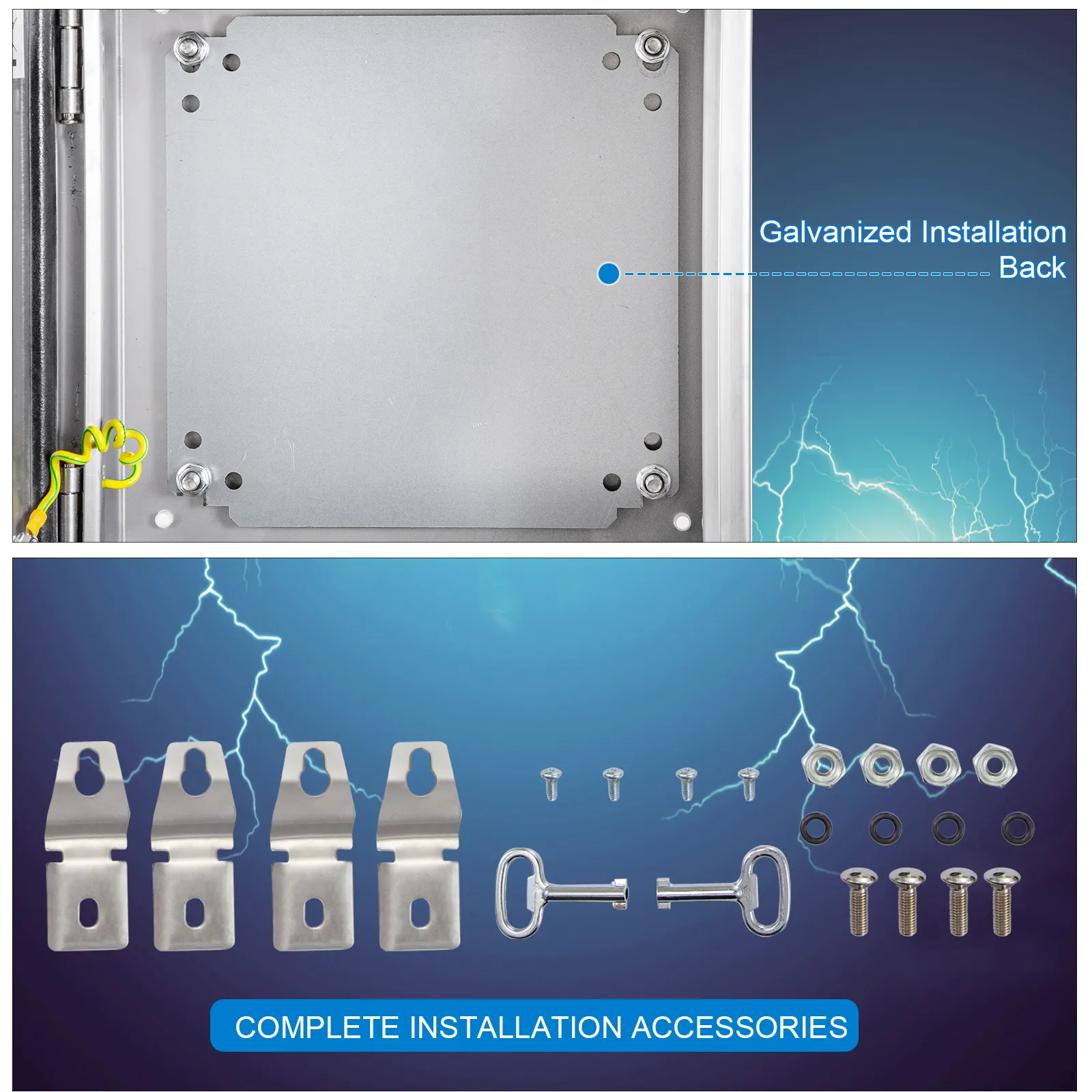 VEVOR Nema roestvrijstalen behuizing met gegalvaniseerde achterkant en installatie-accessoires.