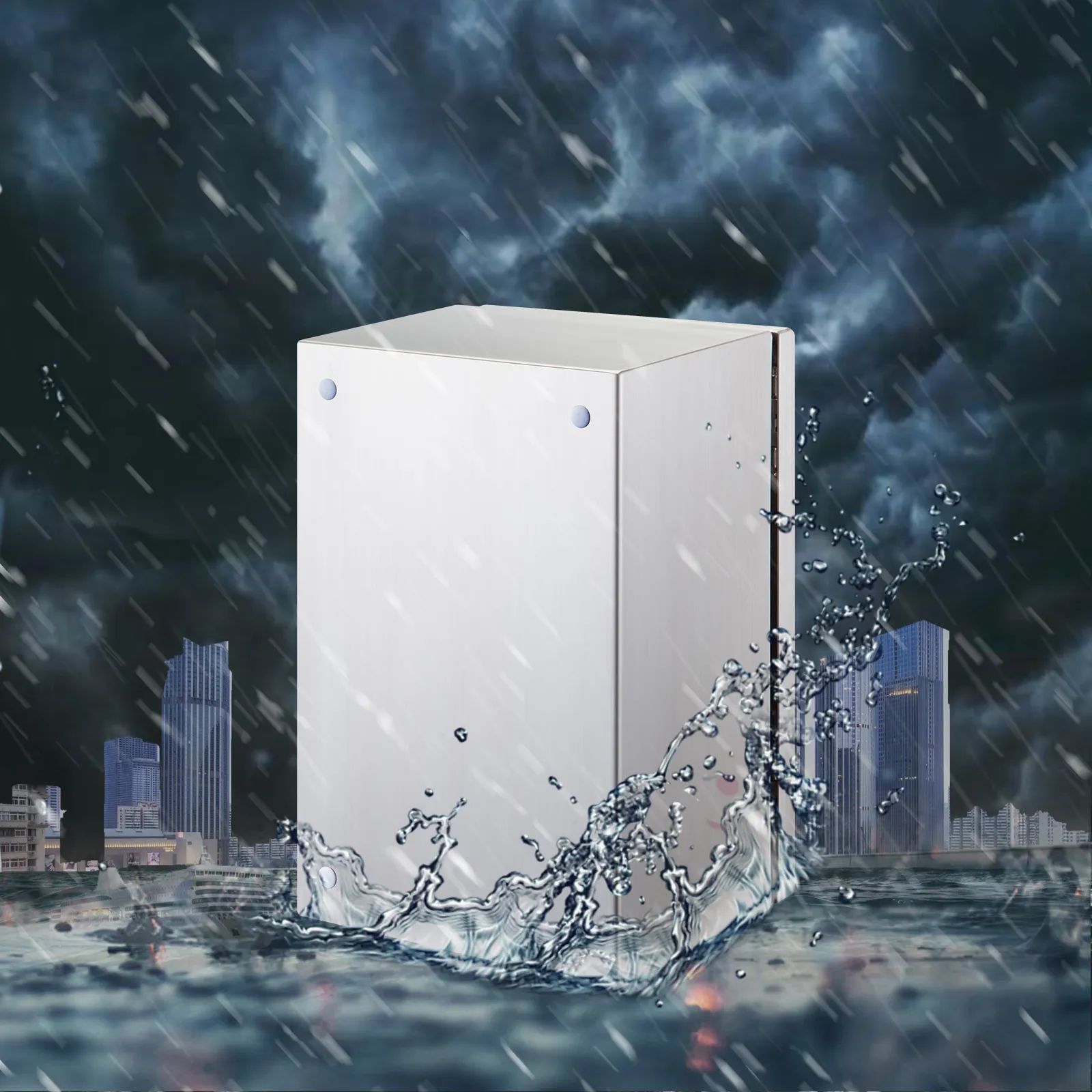 VEVOR nema 4x roestvrijstalen behuizing bij hevige regenval met spatwatereffect.