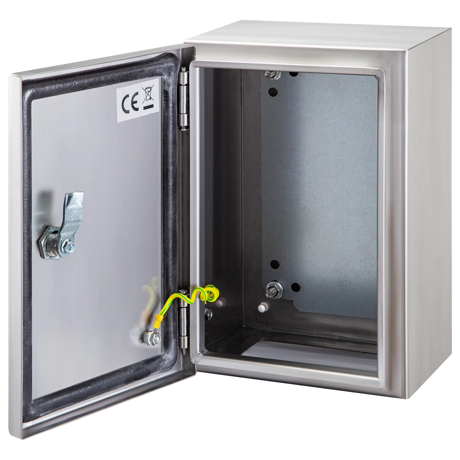 stainless steel VEVOR nema 4x electrical enclosure with open door showing interior.