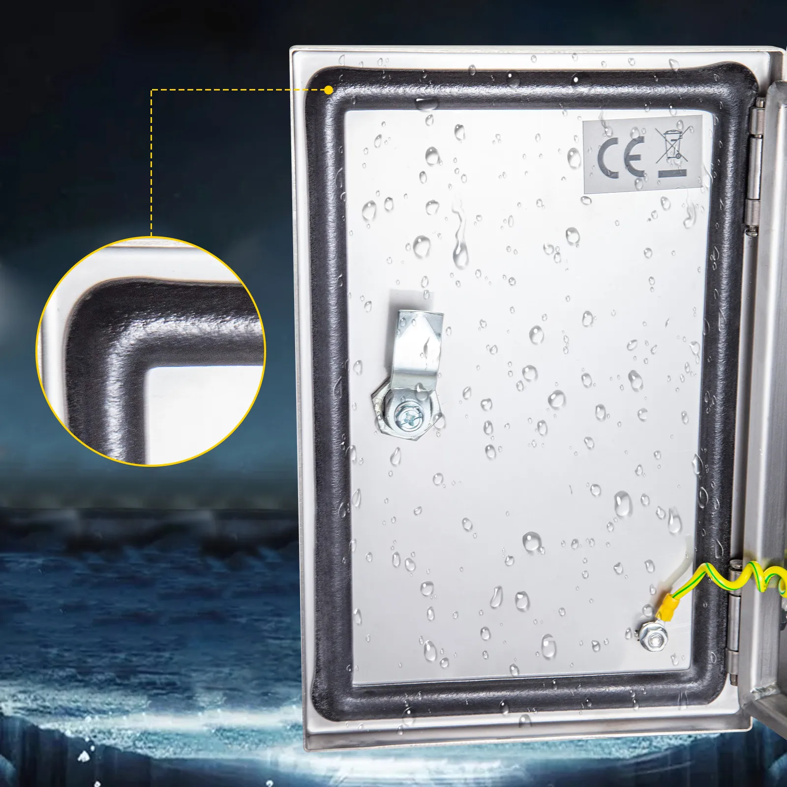 VEVOR nema 4x electrical enclosure with a close-up of waterproof seal and raindrops.