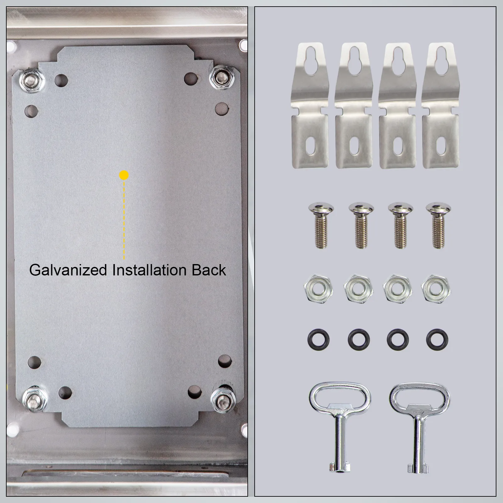 VEVOR nema 4x electrical enclosure with galvanized back, hardware, and keys.