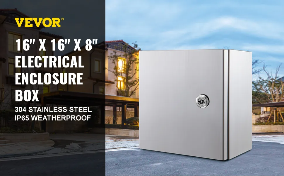 VEVOR nema 4x stainless steel enclosure with lock against a residential background.