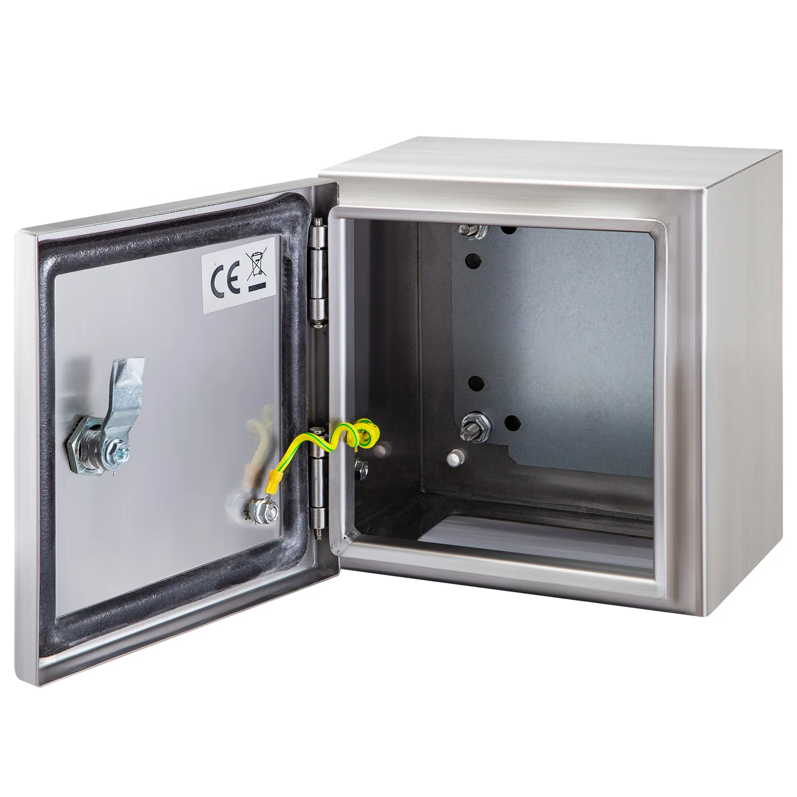 VEVOR nema 4x stainless steel enclosure with open door showing interior details.