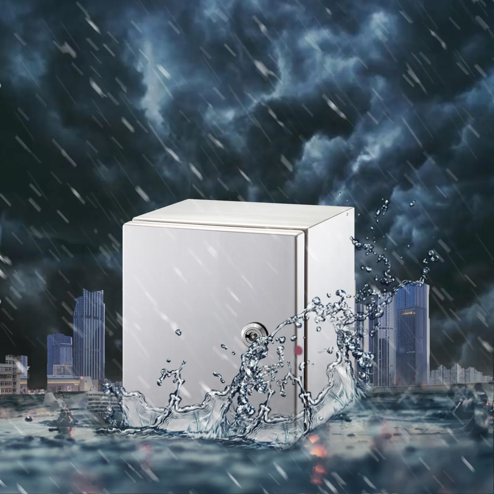 VEVOR nema 4x stainless steel enclosure in a storm with rain and lightning.