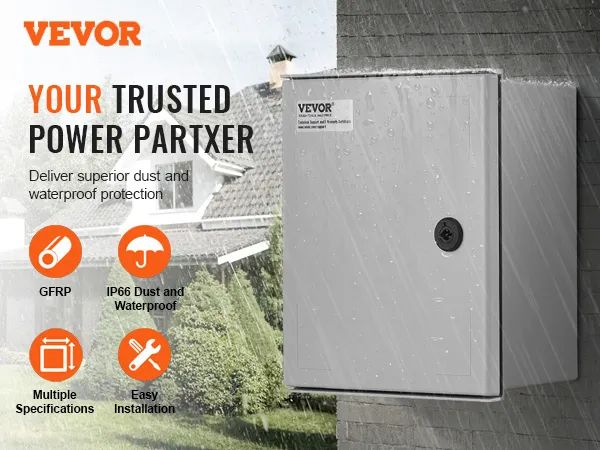 VEVOR fiberglass electrical enclosure near red roller shutters.