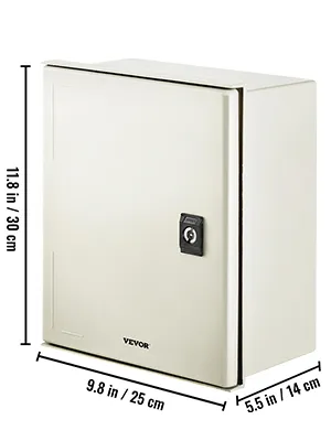 VEVOR fiberglass electrical enclosure with dimensions 11.8in x 9.8in x 5.5in.
