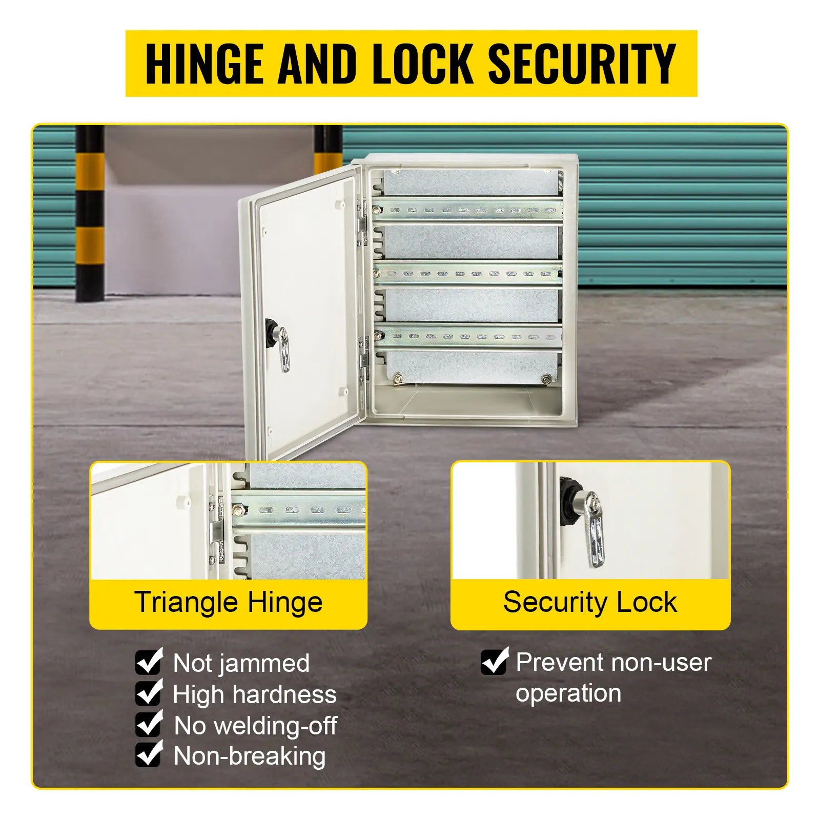 VEVOR fiberglass electrical enclosure with hinge and lock security.