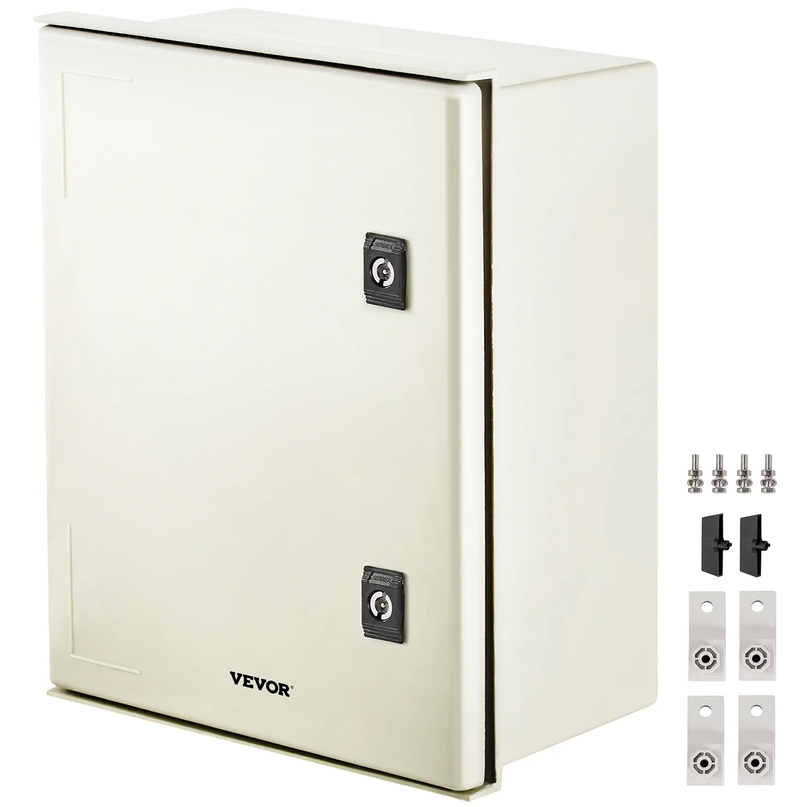 VEVOR nema steel enclosure with locks and additional mounting hardware.