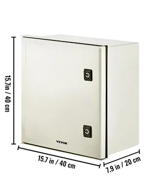 Caja eléctrica VEVOR nema 4x, 15,7x15,7x7,9 pulgadas, color blanco con dos cerraduras.