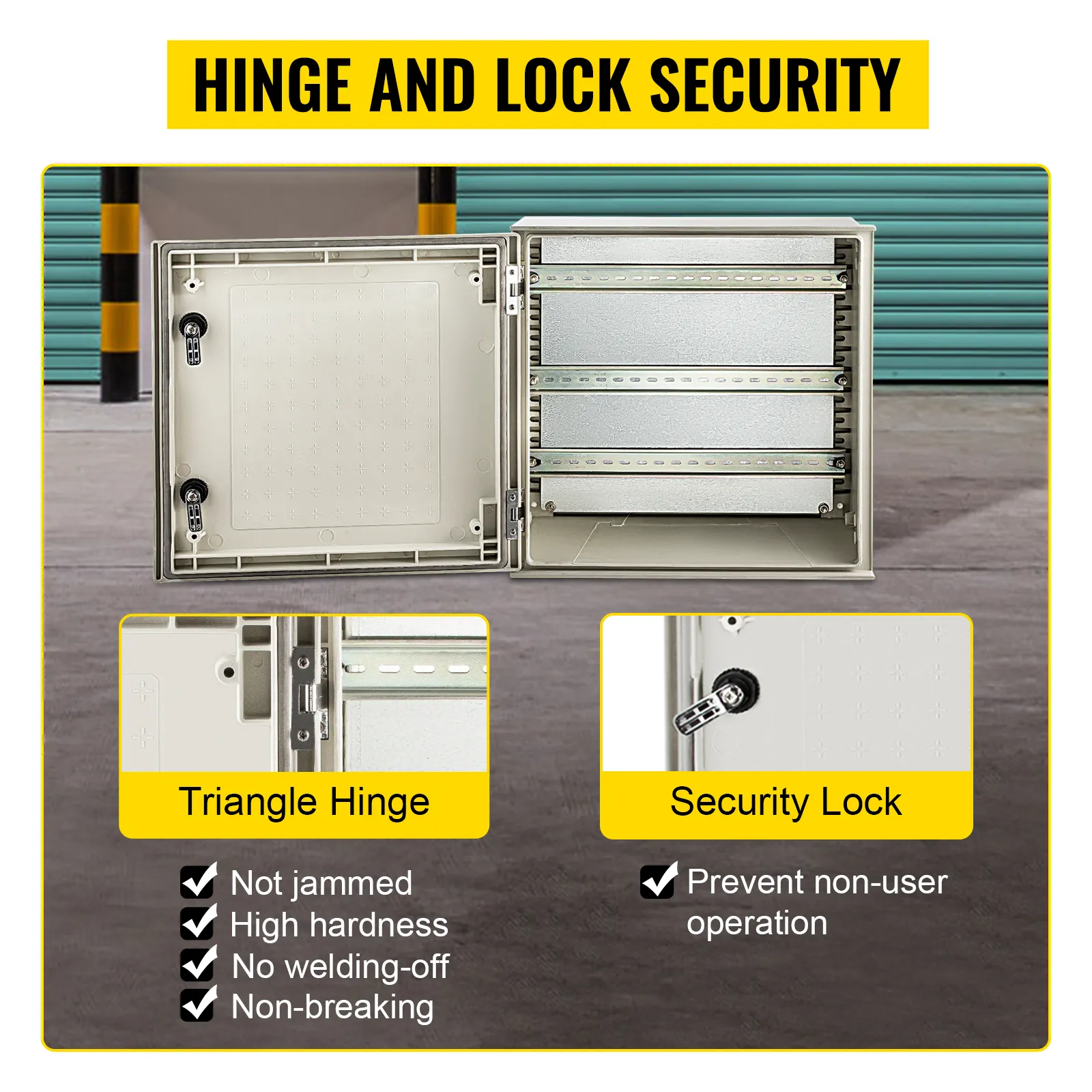 Caja eléctrica VEVOR nema 4x con bisagra triangular y cerradura de seguridad.