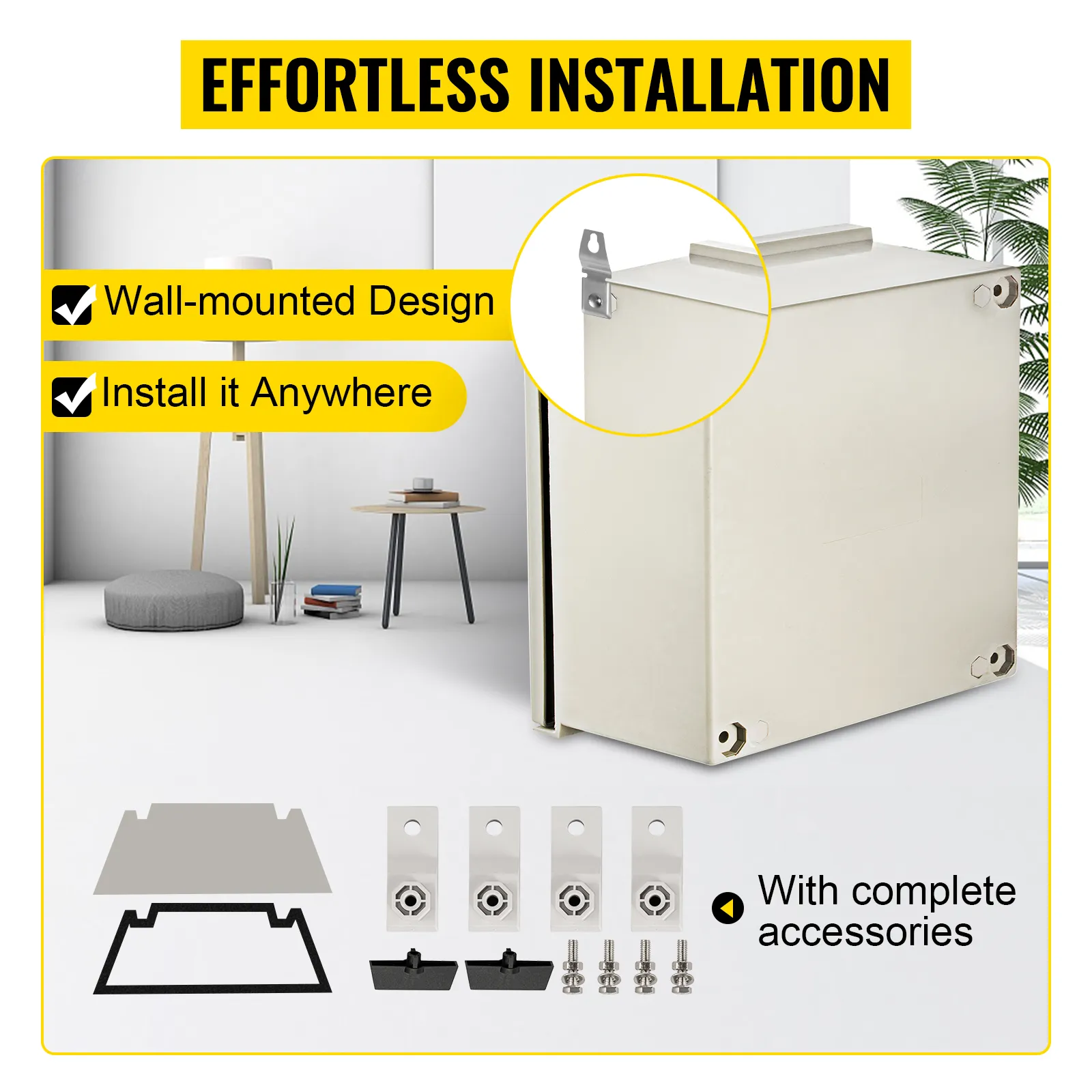 Armario eléctrico VEVOR nema 4x con accesorios para instalación en pared.