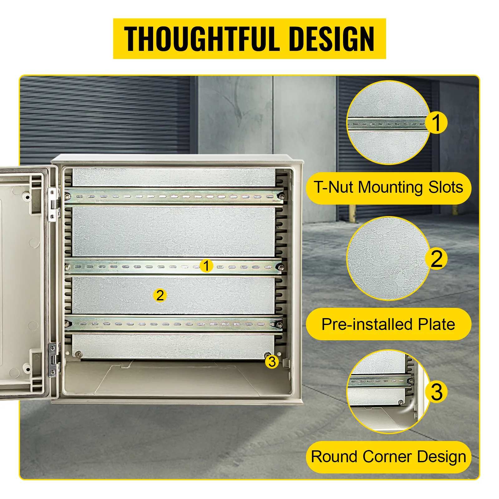 Caja eléctrica VEVOR nema 4x con ranuras de montaje con tuercas en T y diseño de esquinas redondeadas.