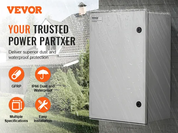VEVOR nema 4x enclosure, 23.6 x 15.7 x 9.1, fiberglass, mounted on industrial wall.