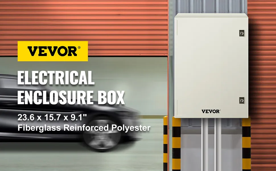 VEVOR nema 4x enclosure, 23.6 x 15.7 x 9.1, fiberglass, mounted on industrial wall.