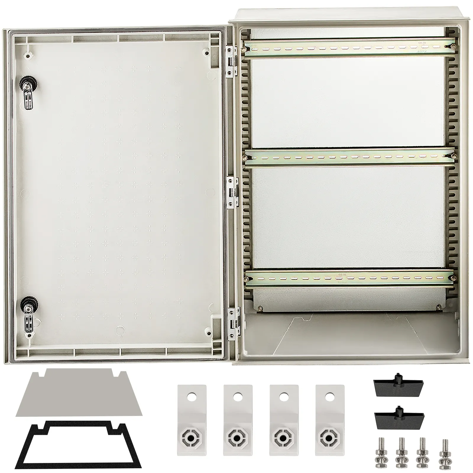 VEVOR nema 4x enclosure with mounting accessories, open to show internal panels.