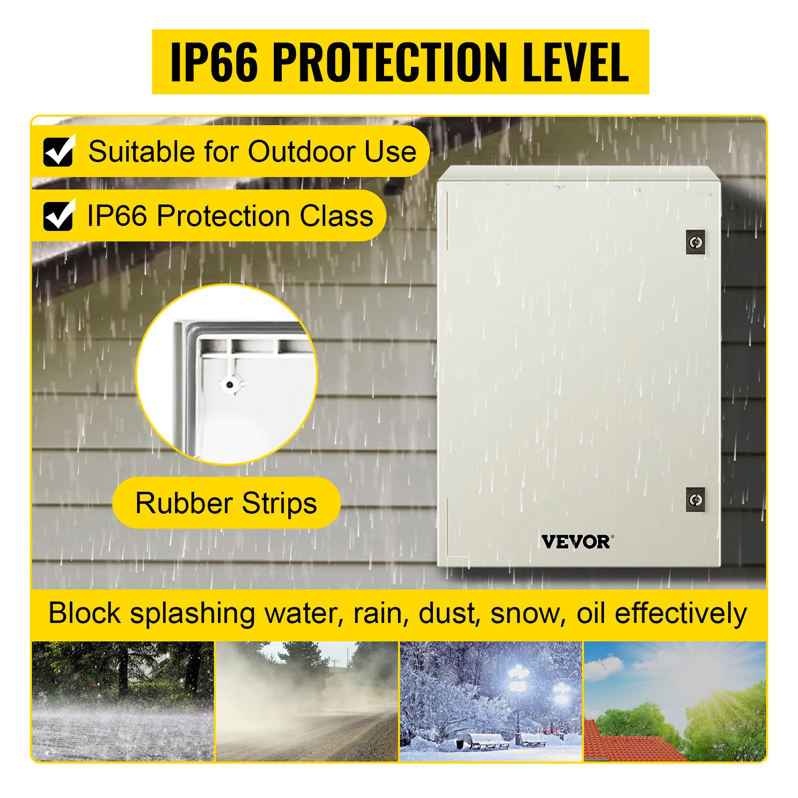 VEVOR nema 4x enclosure, ip66 protection, rubber strips, suitable for outdoor use.