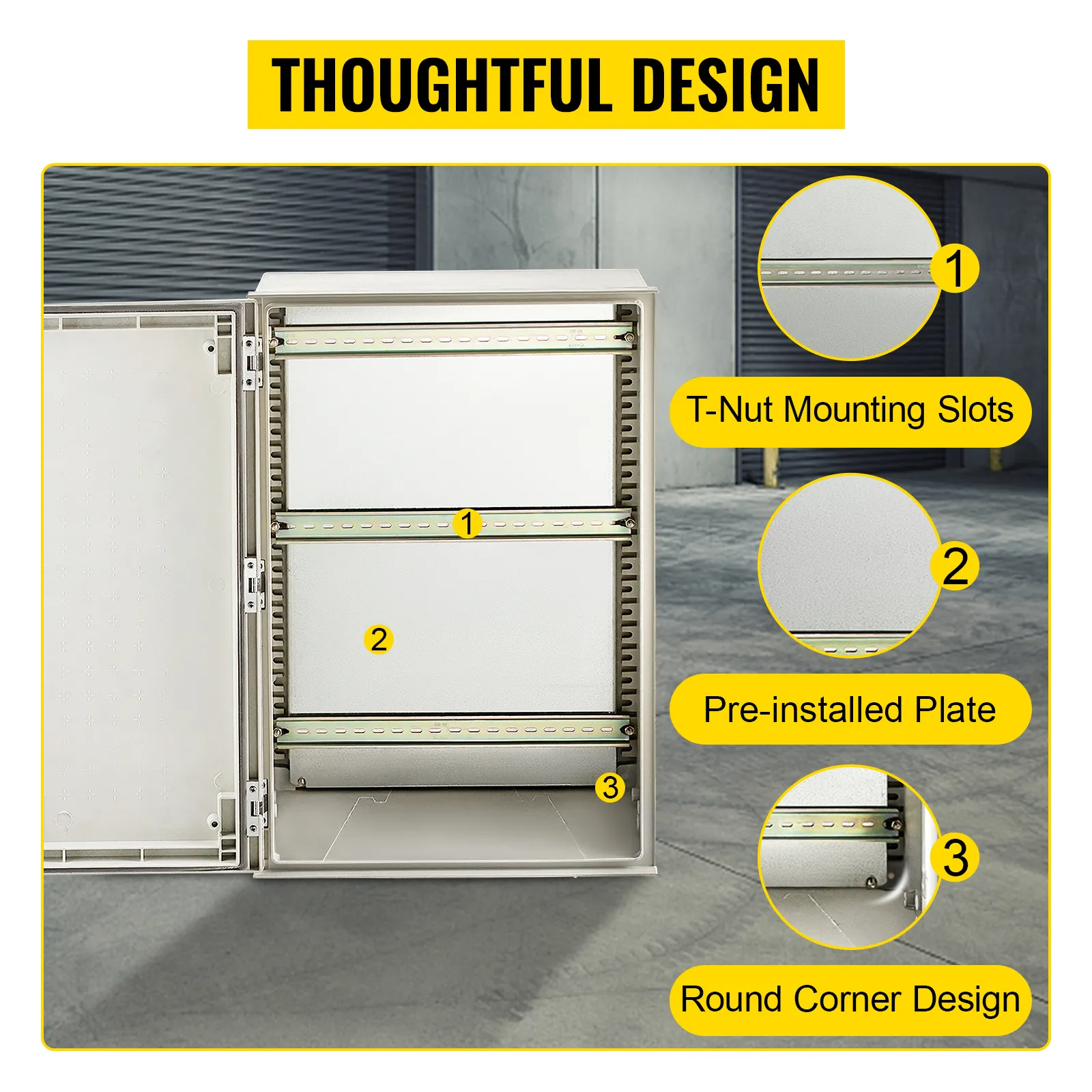 VEVOR nema 4x enclosure with t-nut mounting slots, pre-installed plate, and round corners.