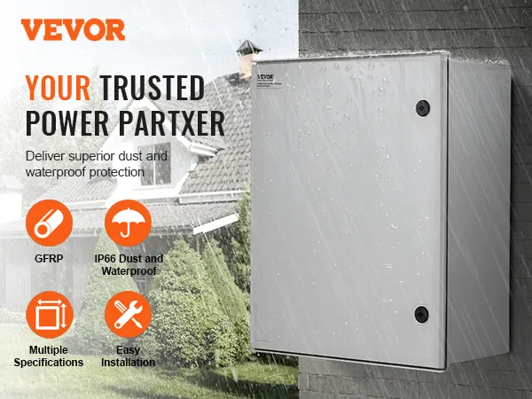 VEVOR nema 4x electrical enclosure, durable fiberglass box on industrial wall.