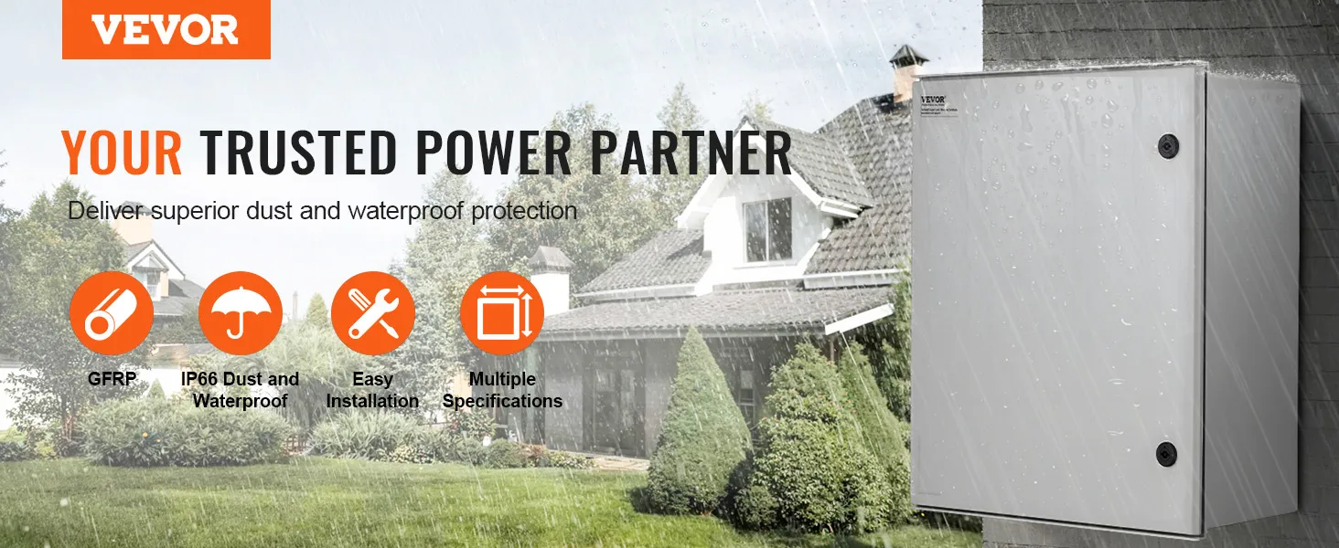 VEVOR nema 4x electrical enclosure, durable fiberglass box on industrial wall.