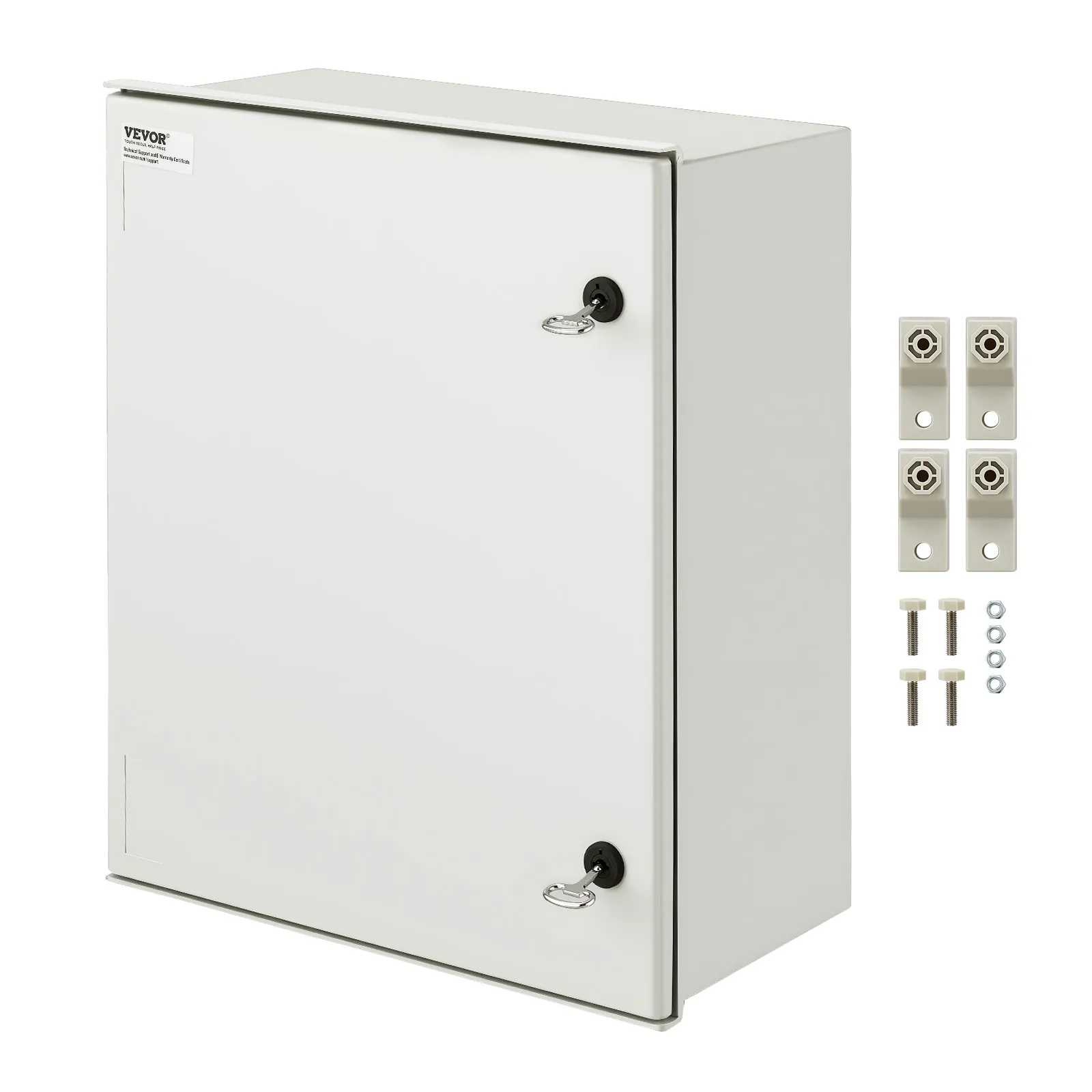 VEVOR nema 4x electrical enclosure with lockable door, metal shelves, and mounting kit.
