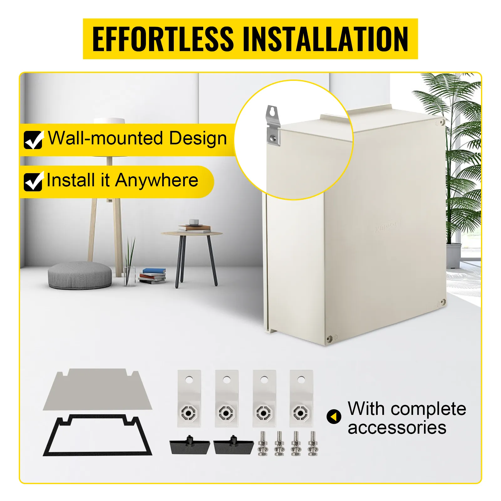VEVOR nema 4x electrical enclosure with wall-mounted design and complete accessories.